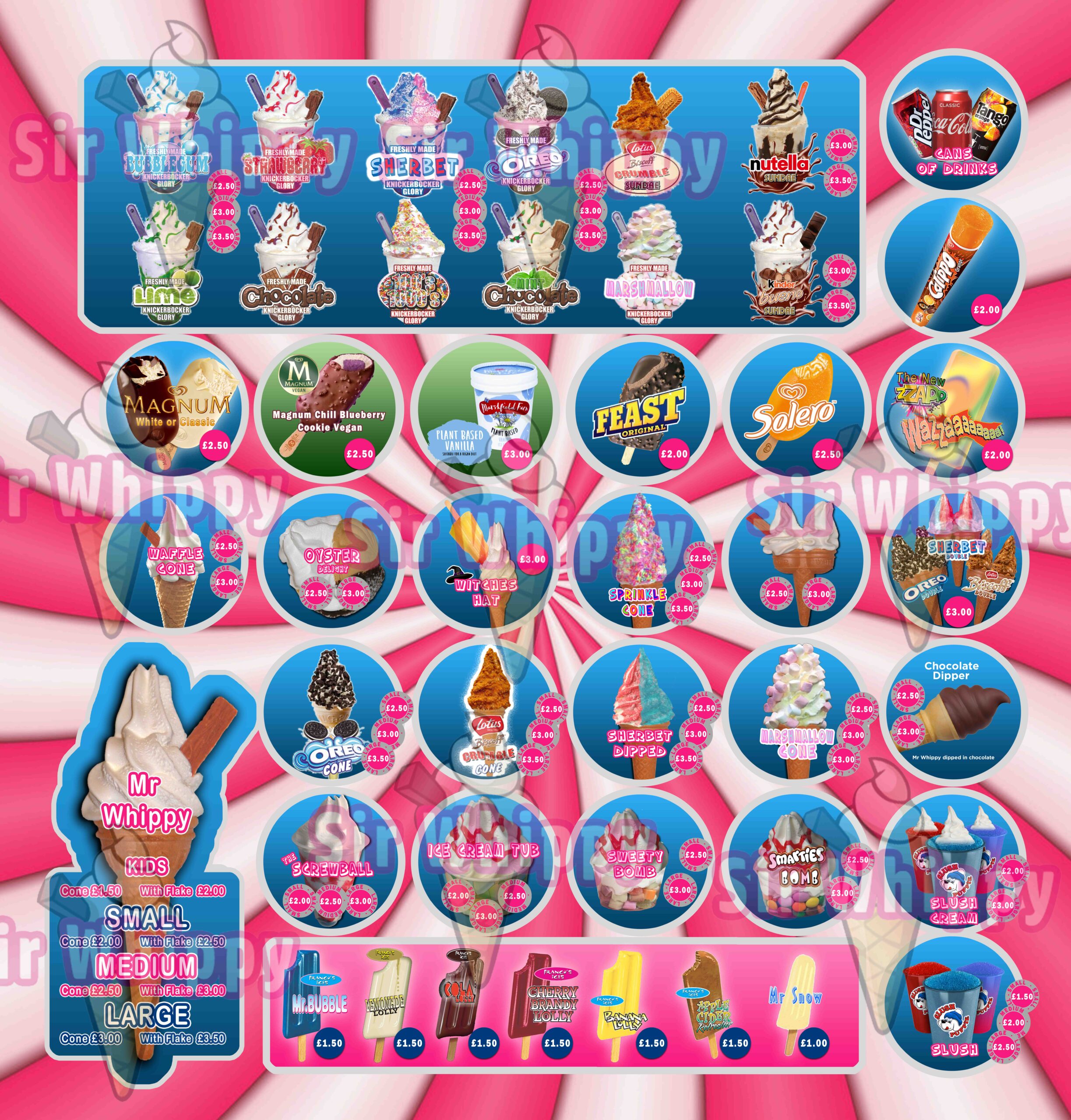 visual of Sir Whippy menu items including whippy ice creams and wrapped ice lollies
